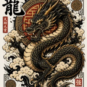 Fierce dragon in bold oriental design