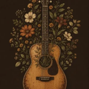 Floral guitar in vintage illustration style